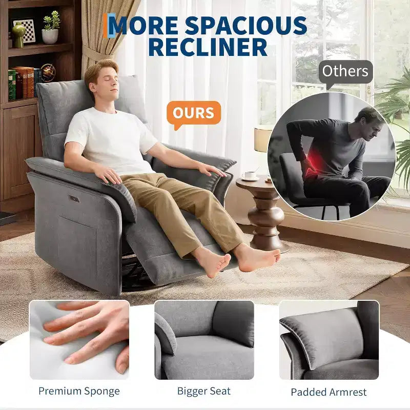 Fauteuil inclinable électrique avec port USB, fauteuil à bascule pivotant à 270° avec assise large et tissu chenille, pour salon ou chambre de bébé