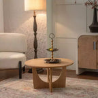 Maxax – Table basse ronde de 31,1 po en bois de chêne naturel avec base découpée pour salon et espaces de ferme