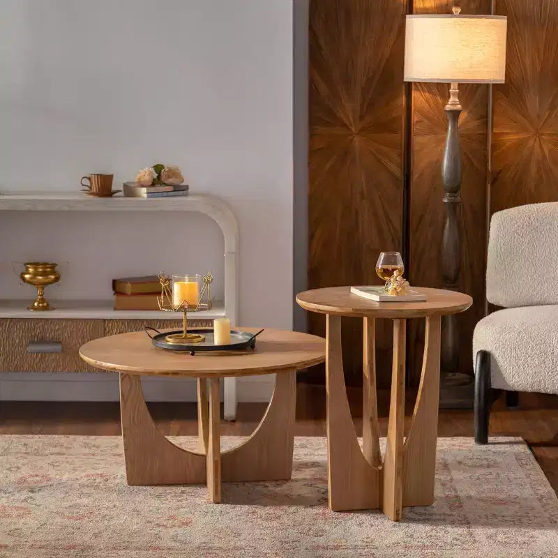 Maxax – Table basse ronde de 31,1 po en bois de chêne naturel avec base découpée pour salon et espaces de ferme