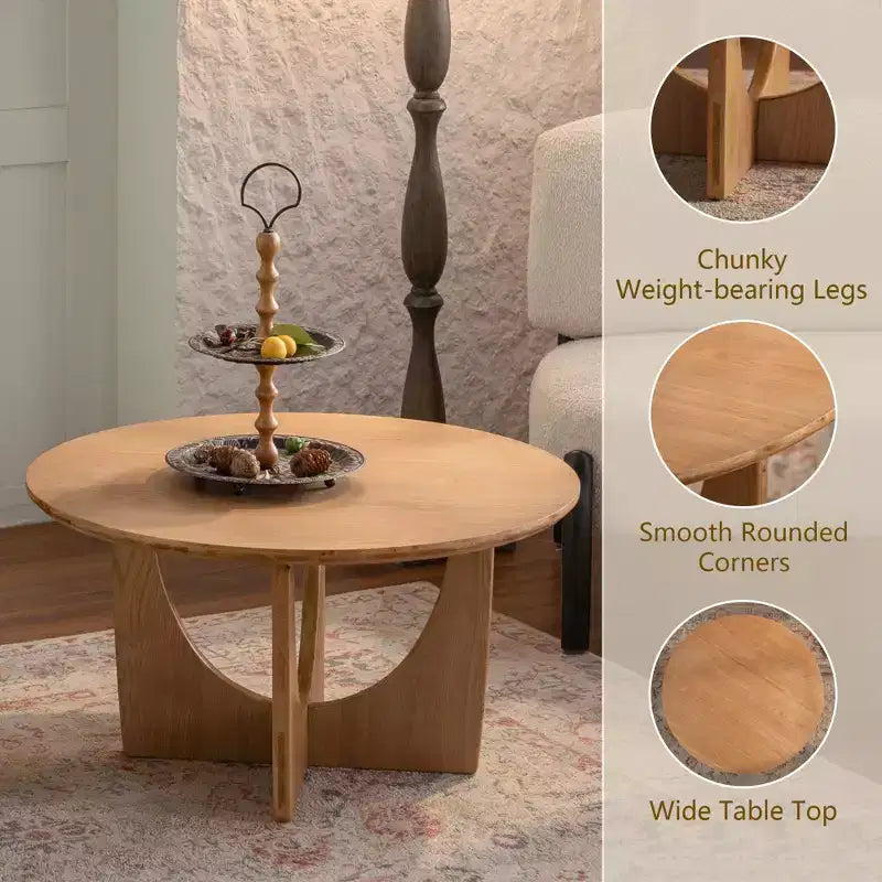 Maxax – Table basse ronde de 31,1 po en bois de chêne naturel avec base découpée pour salon et espaces de ferme