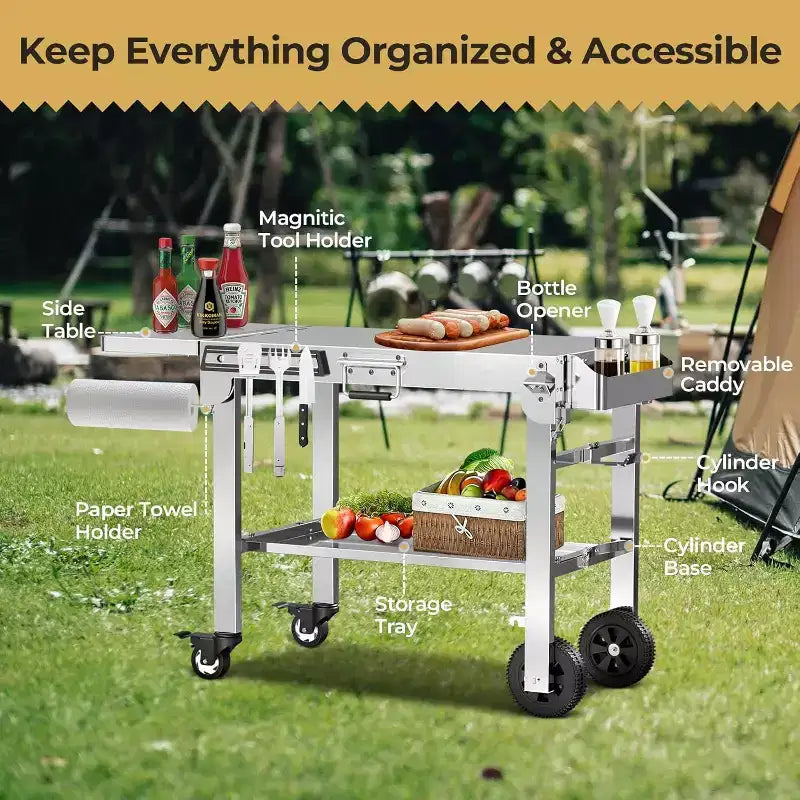 Gril et table de préparation pliables portables avec roulettes, support de barbecue en acier inoxydable pour le camping, les pique-niques et la cuisine en plein air, chariot de salle à manger roulant
