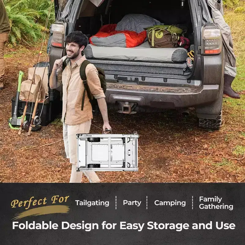 Gril et table de préparation pliables portables avec roulettes, support de barbecue en acier inoxydable pour le camping, les pique-niques et la cuisine en plein air, chariot de salle à manger roulant