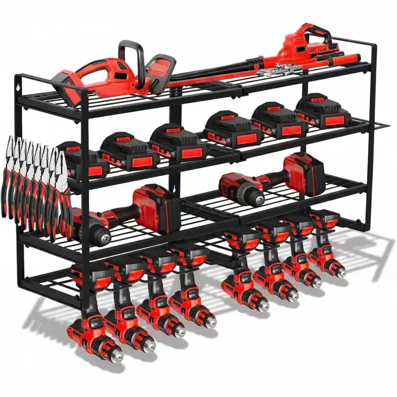 COZONY Heavy Duty Wall Mount Tool Organizer Rack, 4-Tier Metal Garage Storage with 8 Drill Slots & Hooks, 240Lb Capacity Tool Organizer for Workshop
