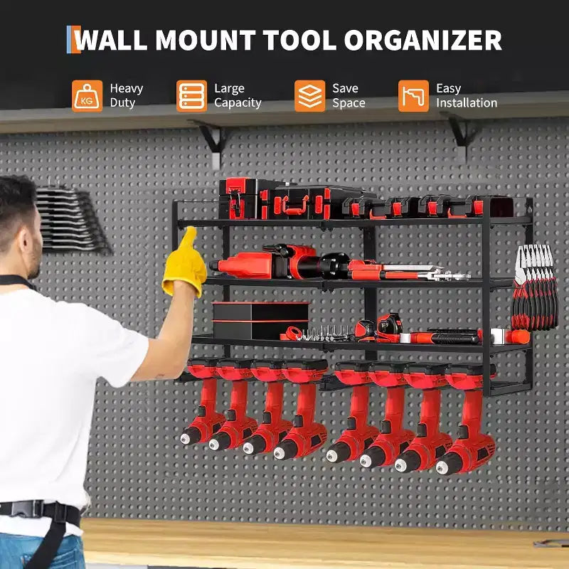 COZONY Étagère de Rangement Murale Robuste pour Outils, Support Métallique à 4 Niveaux pour Garage avec 8 Fentes et Crochets pour Perceuse, Capacité de 109 kg, Organisateur d'Outils pour Atelier