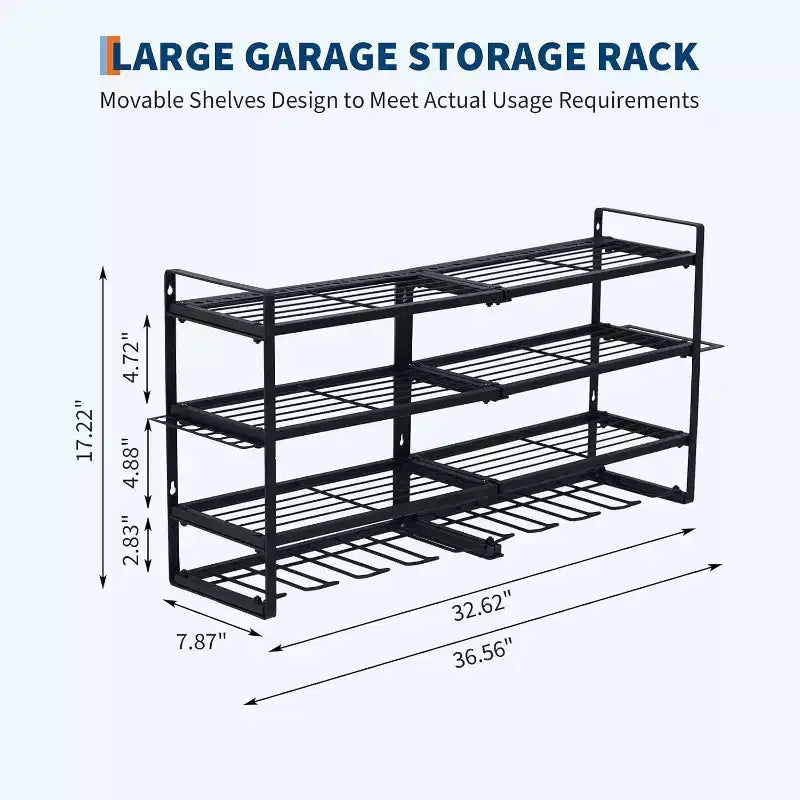 COZONY Étagère de Rangement Murale Robuste pour Outils, Support Métallique à 4 Niveaux pour Garage avec 8 Fentes et Crochets pour Perceuse, Capacité de 109 kg, Organisateur d'Outils pour Atelier