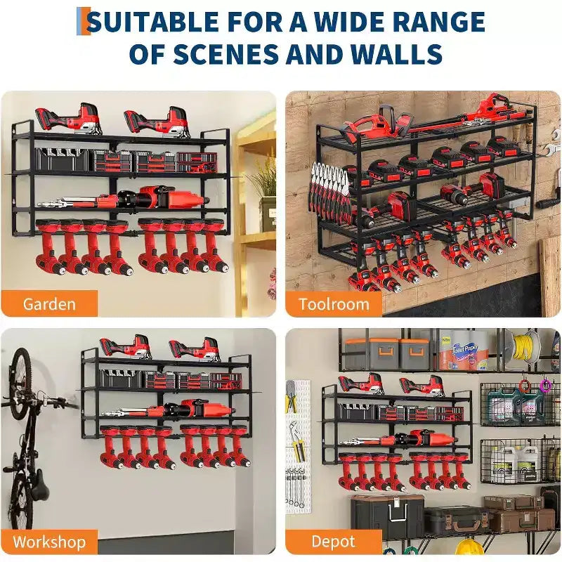 COZONY Étagère de Rangement Murale Robuste pour Outils, Support Métallique à 4 Niveaux pour Garage avec 8 Fentes et Crochets pour Perceuse, Capacité de 109 kg, Organisateur d'Outils pour Atelier
