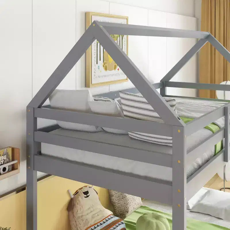Bellemave Lit Superposé Jumeau sur Jumeau de type Maison avec Échelle et Barrières de Sécurité, Cadre de Lit Superposé en Bois d'Hévéa pour Enfants