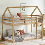 Bellemave Lit Superposé Jumeau sur Jumeau de type Maison avec Échelle et Barrières de Sécurité, Cadre de Lit Superposé en Bois d'Hévéa pour Enfants