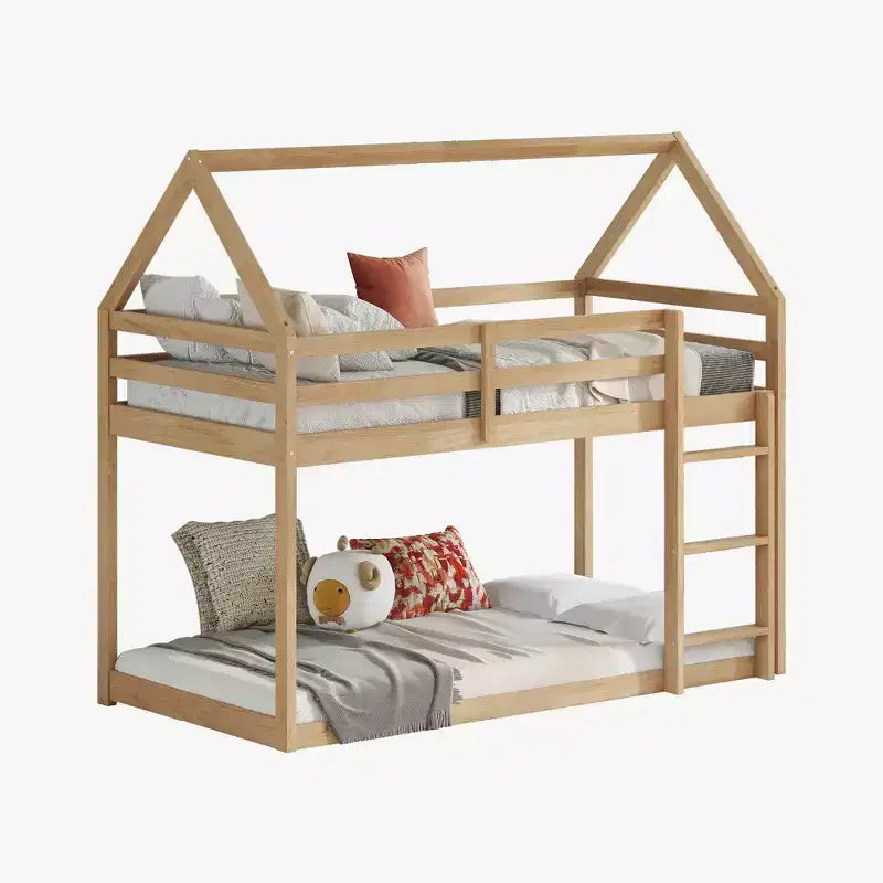 Bellemave Lit Superposé Jumeau sur Jumeau de type Maison avec Échelle et Barrières de Sécurité, Cadre de Lit Superposé en Bois d'Hévéa pour Enfants
