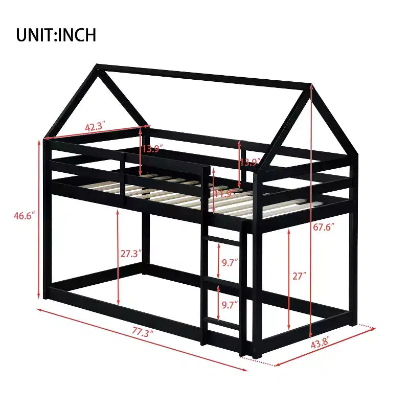 Bellemave Lit Superposé Jumeau sur Jumeau de type Maison avec Échelle et Barrières de Sécurité, Cadre de Lit Superposé en Bois d'Hévéa pour Enfants