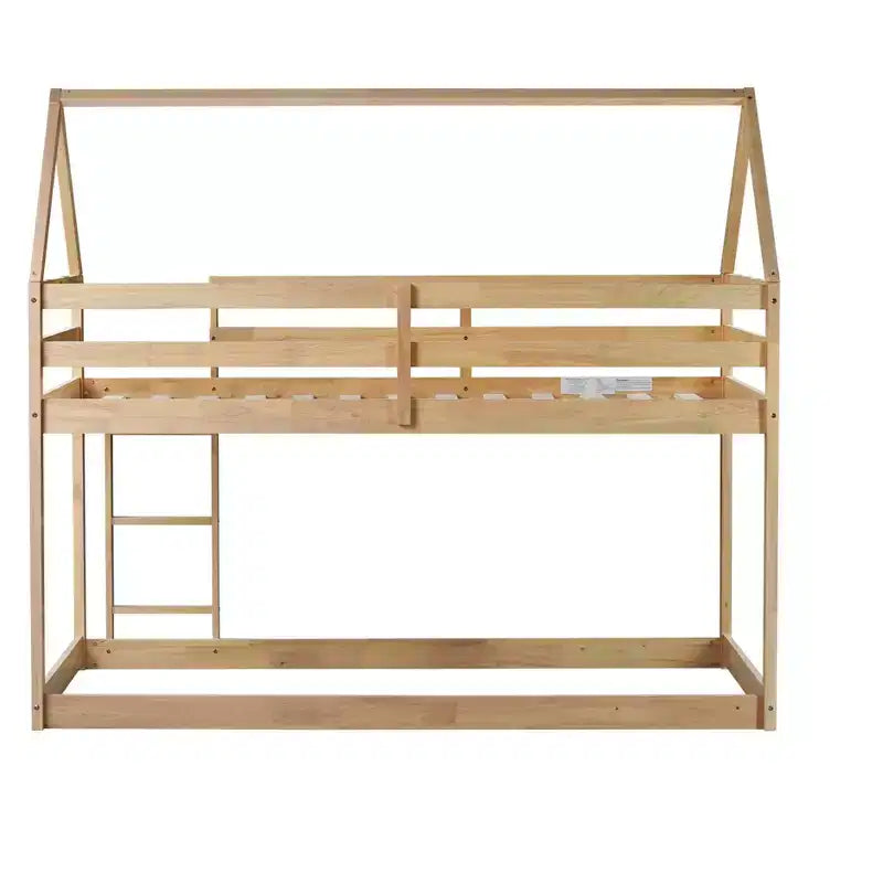 Bellemave Lit Superposé Jumeau sur Jumeau de type Maison avec Échelle et Barrières de Sécurité, Cadre de Lit Superposé en Bois d'Hévéa pour Enfants