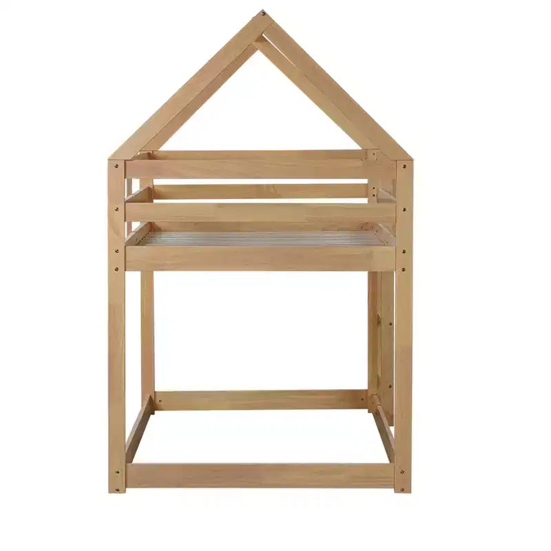 Bellemave Lit Superposé Jumeau sur Jumeau de type Maison avec Échelle et Barrières de Sécurité, Cadre de Lit Superposé en Bois d'Hévéa pour Enfants