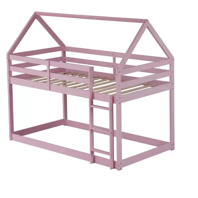 Bellemave Lit Superposé Jumeau sur Jumeau de type Maison avec Échelle et Barrières de Sécurité, Cadre de Lit Superposé en Bois d'Hévéa pour Enfants