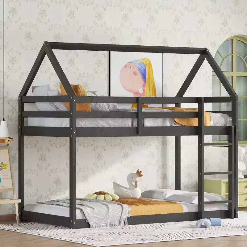 Bellemave Lit Superposé Jumeau sur Jumeau de type Maison avec Échelle et Barrières de Sécurité, Cadre de Lit Superposé en Bois d'Hévéa pour Enfants