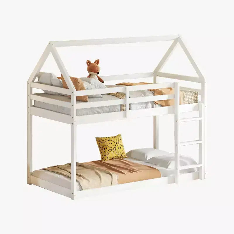 Bellemave Lit Superposé Jumeau sur Jumeau de type Maison avec Échelle et Barrières de Sécurité, Cadre de Lit Superposé en Bois d'Hévéa pour Enfants
