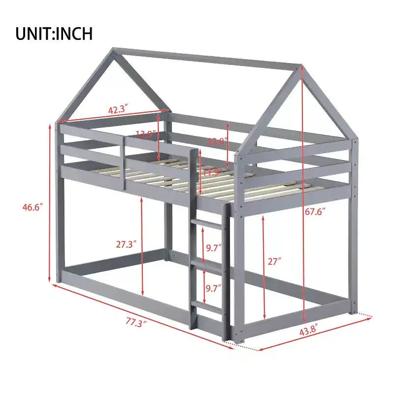 Bellemave Lit Superposé Jumeau sur Jumeau de type Maison avec Échelle et Barrières de Sécurité, Cadre de Lit Superposé en Bois d'Hévéa pour Enfants