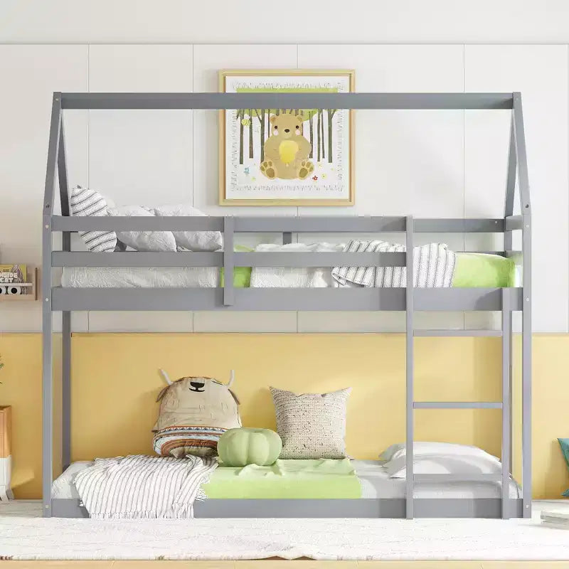 Bellemave Lit Superposé Jumeau sur Jumeau de type Maison avec Échelle et Barrières de Sécurité, Cadre de Lit Superposé en Bois d'Hévéa pour Enfants