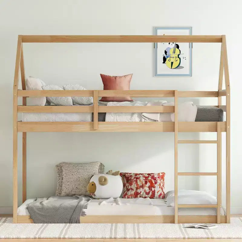 Bellemave Lit Superposé Jumeau sur Jumeau de type Maison avec Échelle et Barrières de Sécurité, Cadre de Lit Superposé en Bois d'Hévéa pour Enfants