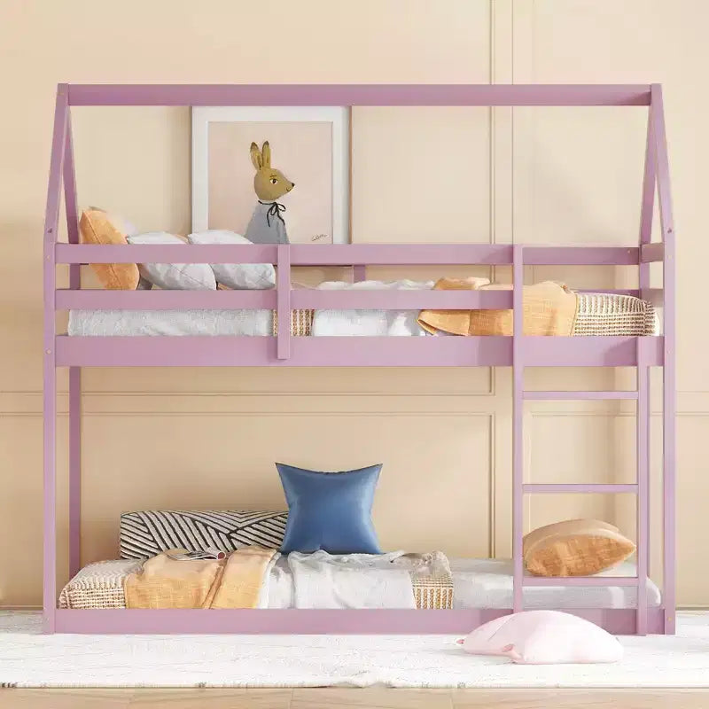 Bellemave Lit Superposé Jumeau sur Jumeau de type Maison avec Échelle et Barrières de Sécurité, Cadre de Lit Superposé en Bois d'Hévéa pour Enfants
