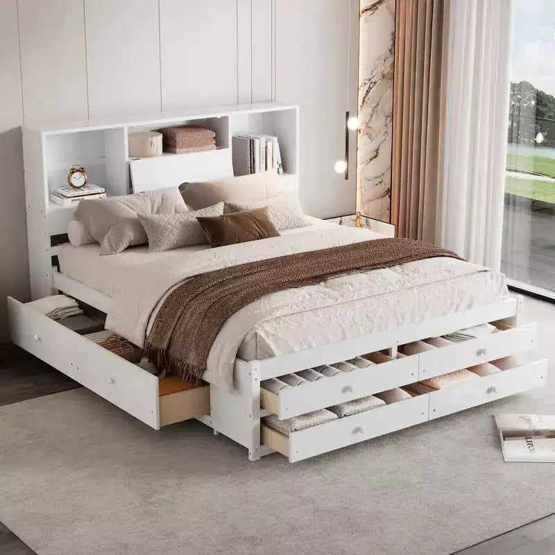 Lit plateforme queen/king size en bois de pin avec tête de lit de rangement et 8 tiroirs - ModernLuxe