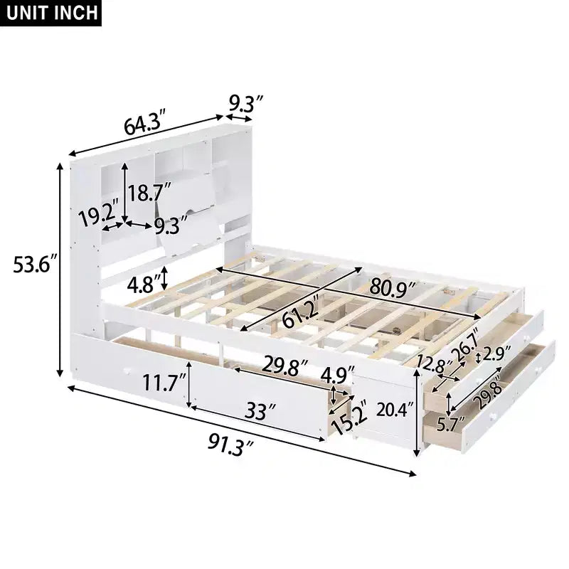 Lit plateforme queen/king size en bois de pin avec tête de lit de rangement et 8 tiroirs - ModernLuxe