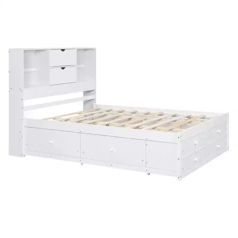 Lit plateforme queen/king size en bois de pin avec tête de lit de rangement et 8 tiroirs - ModernLuxe