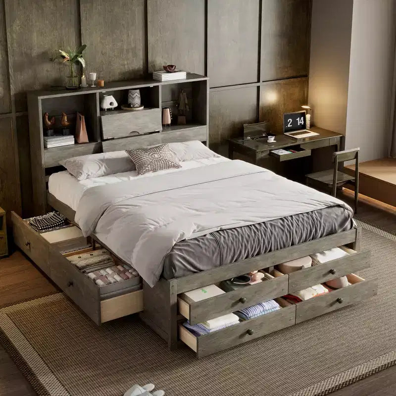 Lit plateforme queen/king size en bois de pin avec tête de lit de rangement et 8 tiroirs - ModernLuxe