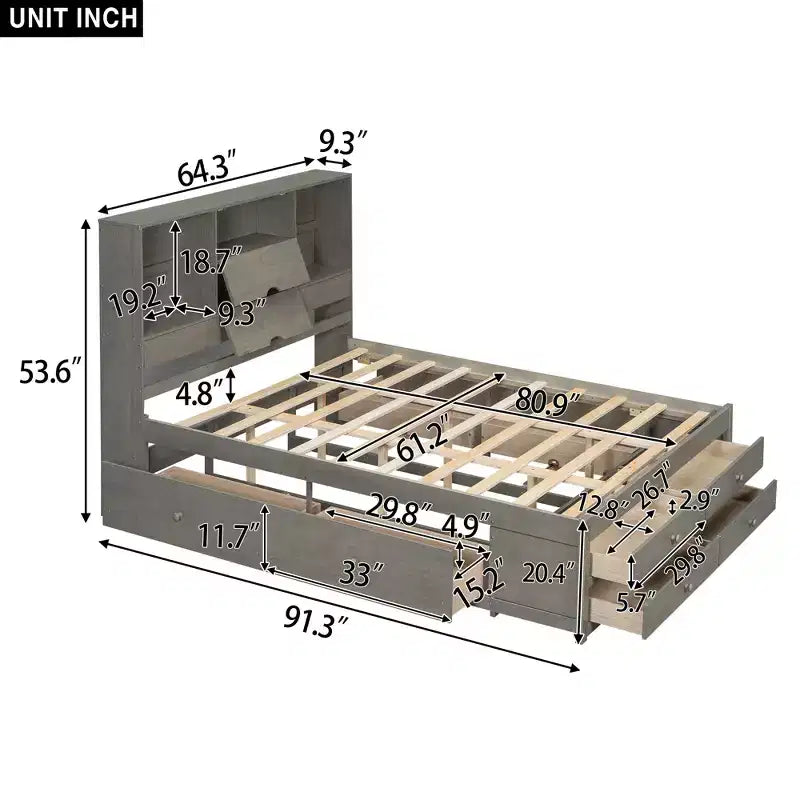 Lit plateforme queen/king size en bois de pin avec tête de lit de rangement et 8 tiroirs - ModernLuxe