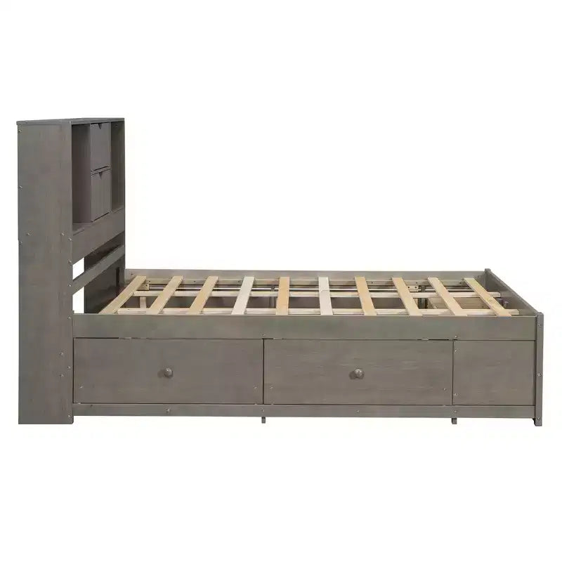 Lit plateforme queen/king size en bois de pin avec tête de lit de rangement et 8 tiroirs - ModernLuxe