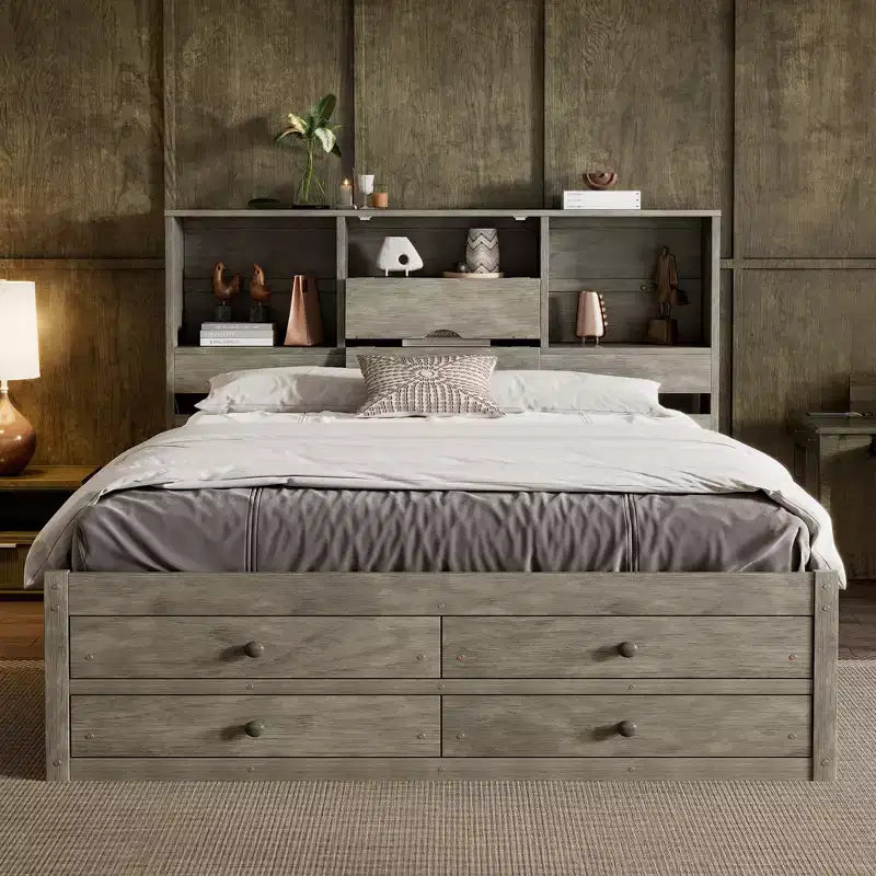 Queen/King Size Platform Bed Pine Wood Bed Frame with Storage Headboard and 8 Drawers - ModernLuxe