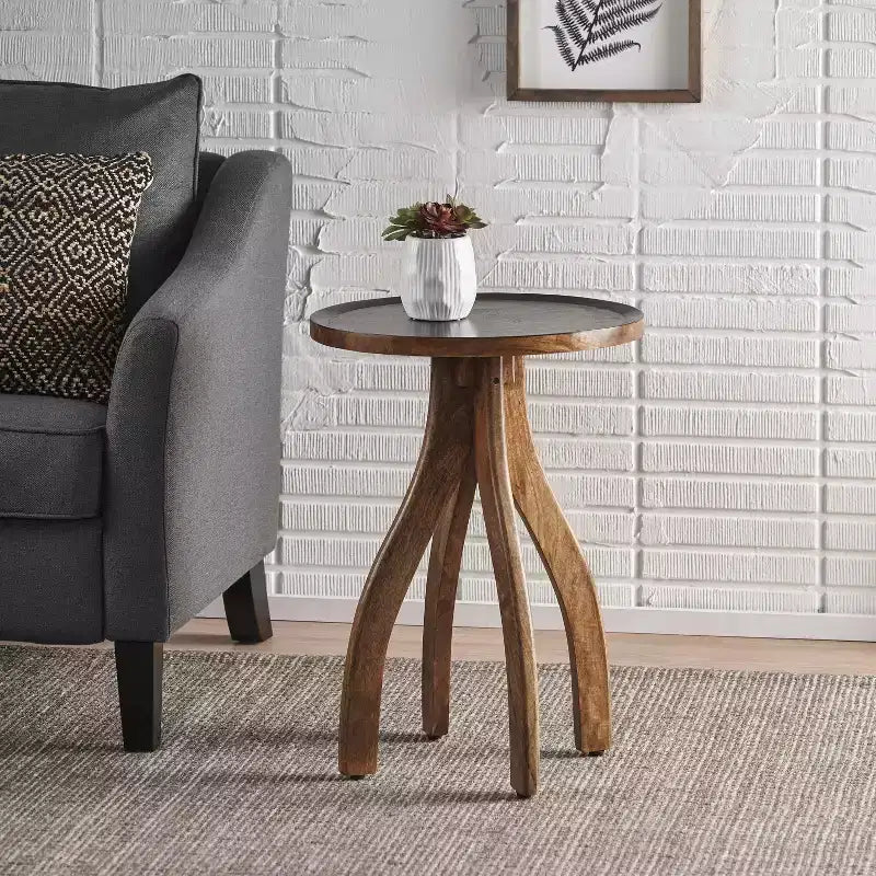 MAYEERTY Table d'appoint élégante en bois de manguier de style bohème, table basse à plateau incurvé avec rebords et tons terreux pour le salon