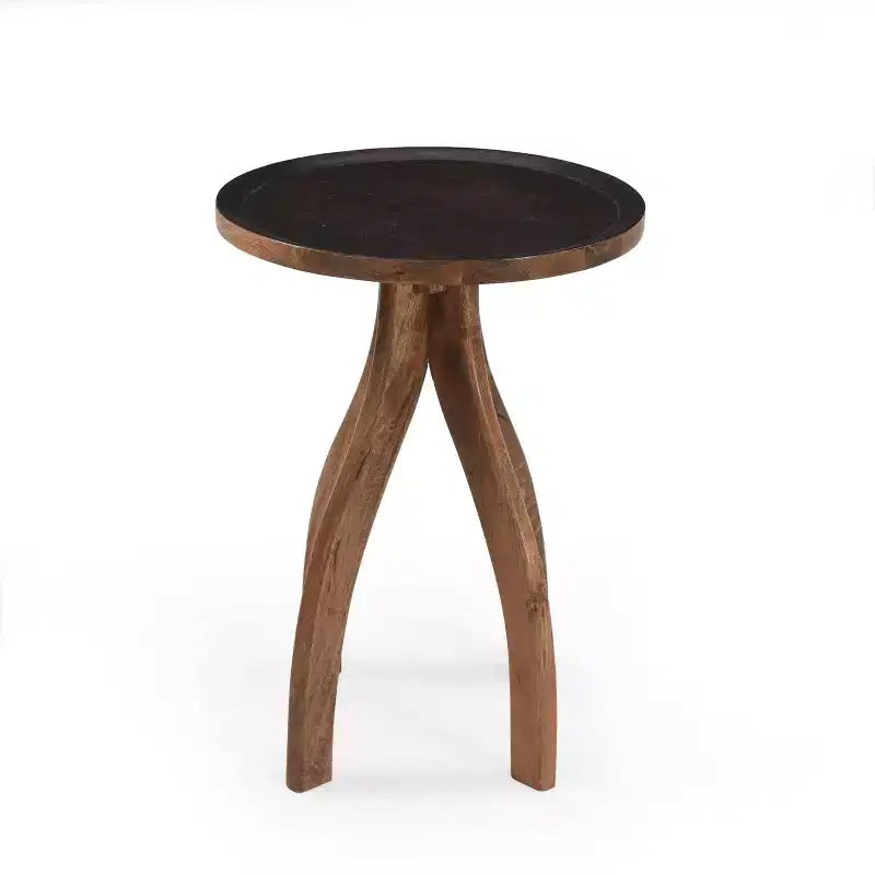MAYEERTY Table d'appoint élégante en bois de manguier de style bohème, table basse à plateau incurvé avec rebords et tons terreux pour le salon
