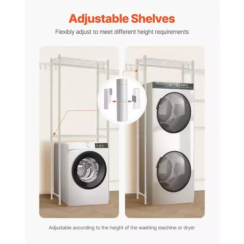 Étagère de rangement VIYET à 5 niveaux pour machine à laver et sèche-linge, réglable avec tringle et crochets, blanc, gain de place pour buanderie