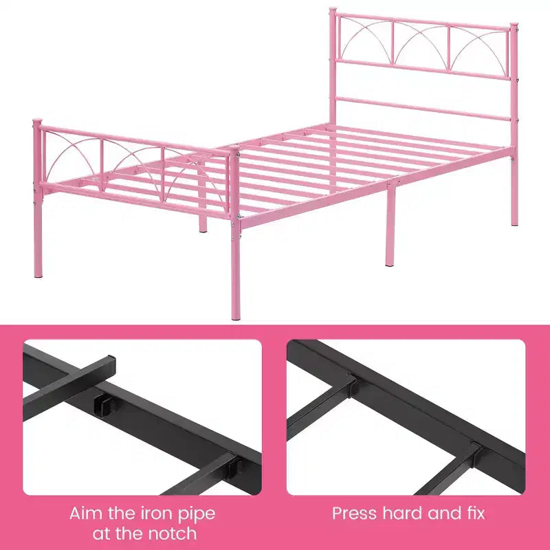 COZONY Cadre de lit double 14 pouces avec tête de lit/pied de lit, lit plateforme rose avec rangement sous le lit