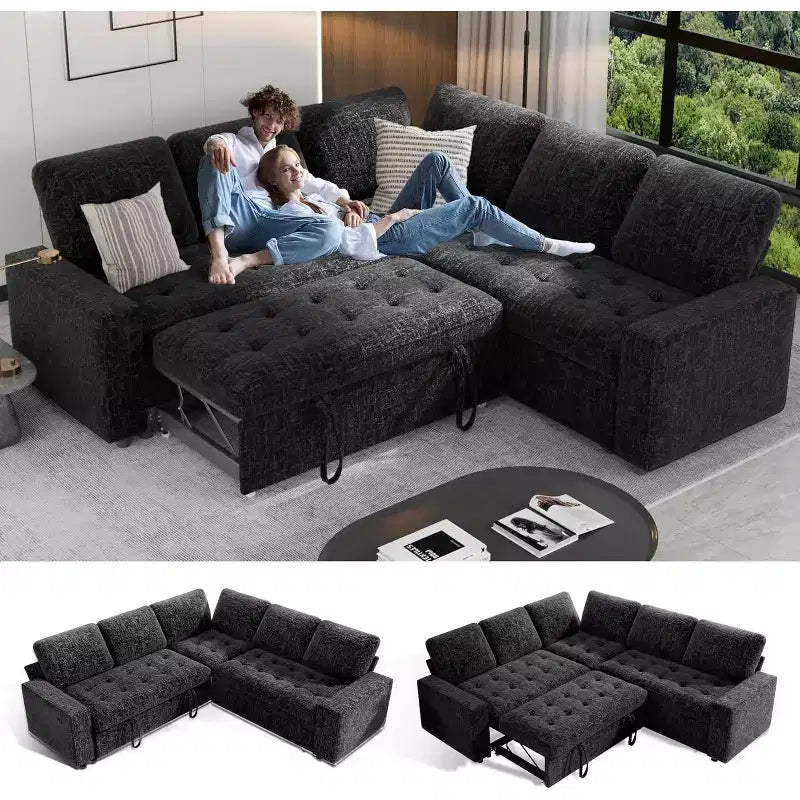 Canapé modulable réversible en L 5 places Dyonery avec lit gigogne, dossier inclinable, ports USB et rangement, montage sans outils