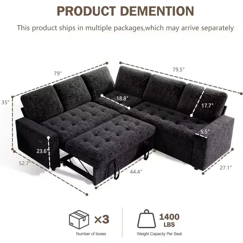 Canapé modulable réversible en L 5 places Dyonery avec lit gigogne, dossier inclinable, ports USB et rangement, montage sans outils