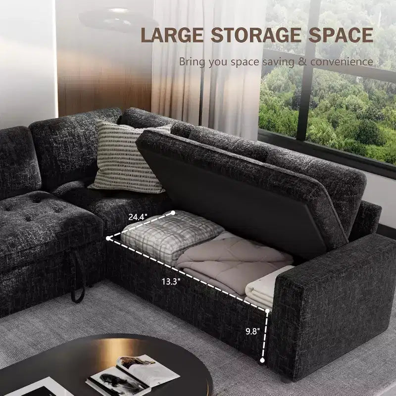 Canapé modulable réversible en L 5 places Dyonery avec lit gigogne, dossier inclinable, ports USB et rangement, montage sans outils