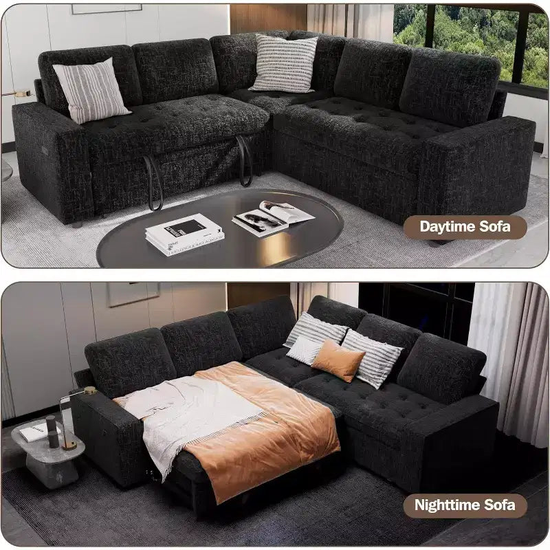 Canapé modulable réversible en L 5 places Dyonery avec lit gigogne, dossier inclinable, ports USB et rangement, montage sans outils