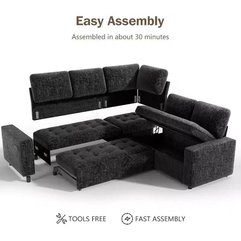 Canapé modulable réversible en L 5 places Dyonery avec lit gigogne, dossier inclinable, ports USB et rangement, montage sans outils