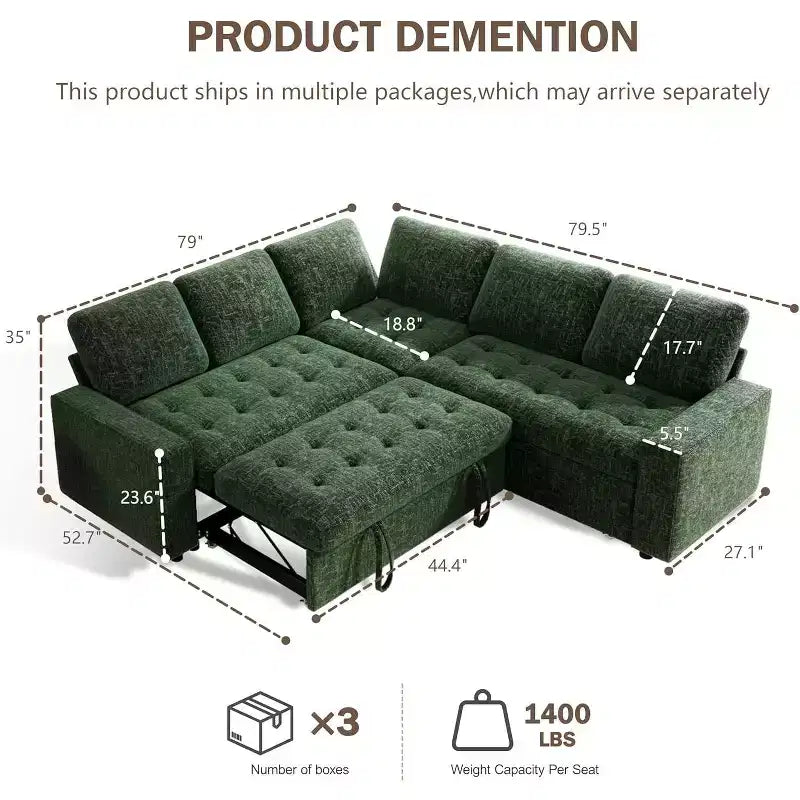Canapé modulable réversible en L 5 places Dyonery avec lit gigogne, dossier inclinable, ports USB et rangement, montage sans outils