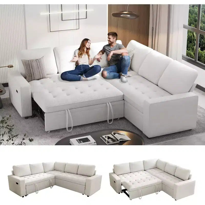 Canapé modulable réversible en L 5 places Dyonery avec lit gigogne, dossier inclinable, ports USB et rangement, montage sans outils
