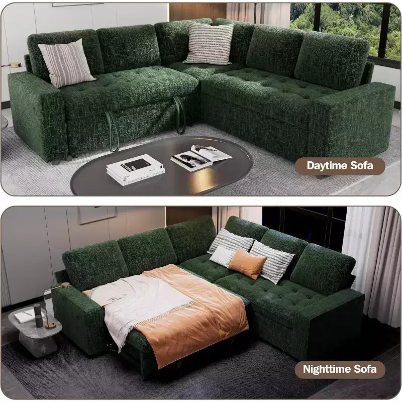 Canapé modulable réversible en L 5 places Dyonery avec lit gigogne, dossier inclinable, ports USB et rangement, montage sans outils