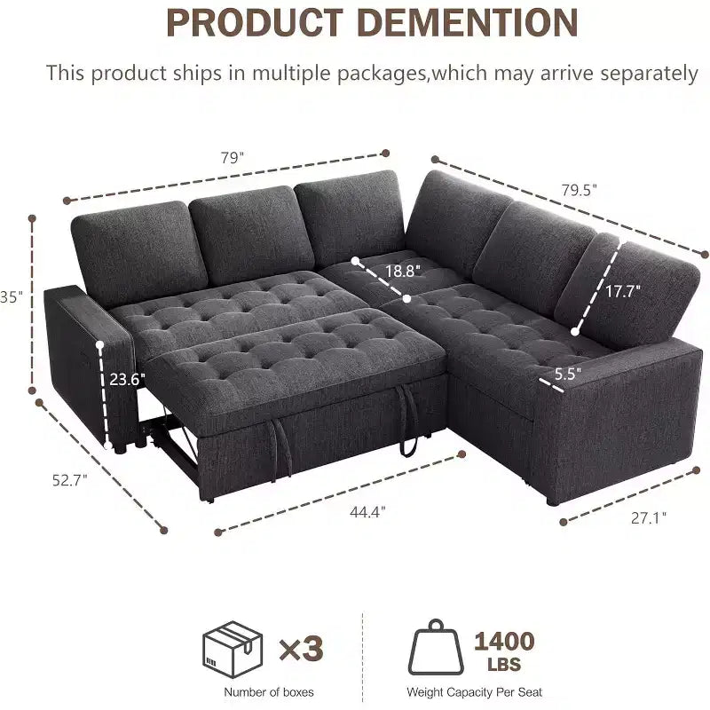 Canapé modulable réversible en L 5 places Dyonery avec lit gigogne, dossier inclinable, ports USB et rangement, montage sans outils