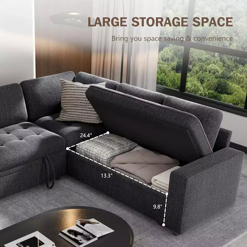 Canapé modulable réversible en L 5 places Dyonery avec lit gigogne, dossier inclinable, ports USB et rangement, montage sans outils