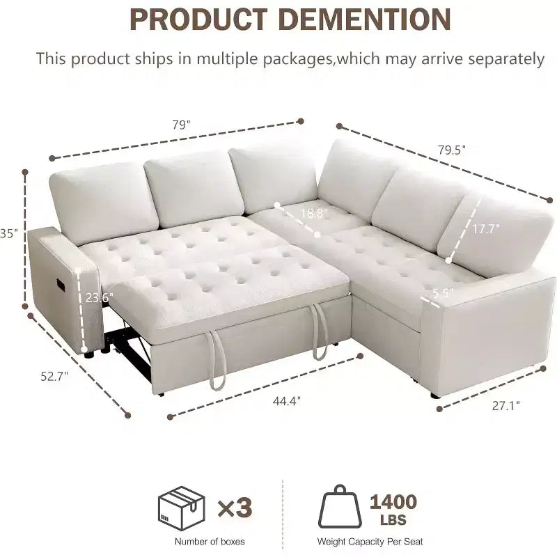 Canapé modulable réversible en L 5 places Dyonery avec lit gigogne, dossier inclinable, ports USB et rangement, montage sans outils