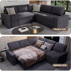 Canapé modulable réversible en L 5 places Dyonery avec lit gigogne, dossier inclinable, ports USB et rangement, montage sans outils