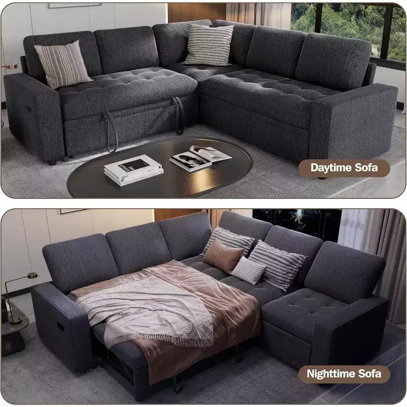 Canapé modulable réversible en L 5 places Dyonery avec lit gigogne, dossier inclinable, ports USB et rangement, montage sans outils
