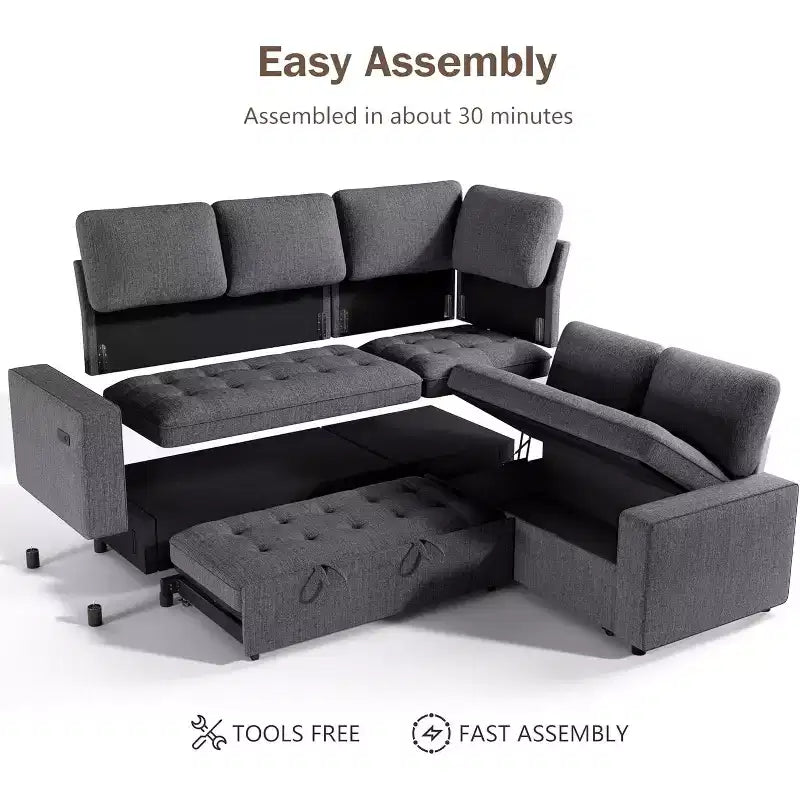 Canapé modulable réversible en L 5 places Dyonery avec lit gigogne, dossier inclinable, ports USB et rangement, montage sans outils