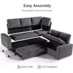 Canapé modulable réversible en L 5 places Dyonery avec lit gigogne, dossier inclinable, ports USB et rangement, montage sans outils