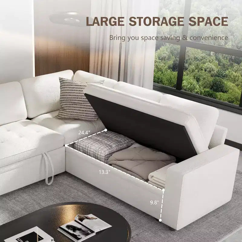 Canapé modulable réversible en L 5 places Dyonery avec lit gigogne, dossier inclinable, ports USB et rangement, montage sans outils